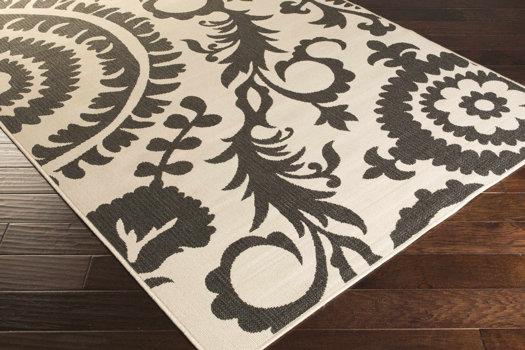 Large Floral Design Beige and Charcoal Outdoor safe Multi Size Area Rug - The Rug Decor