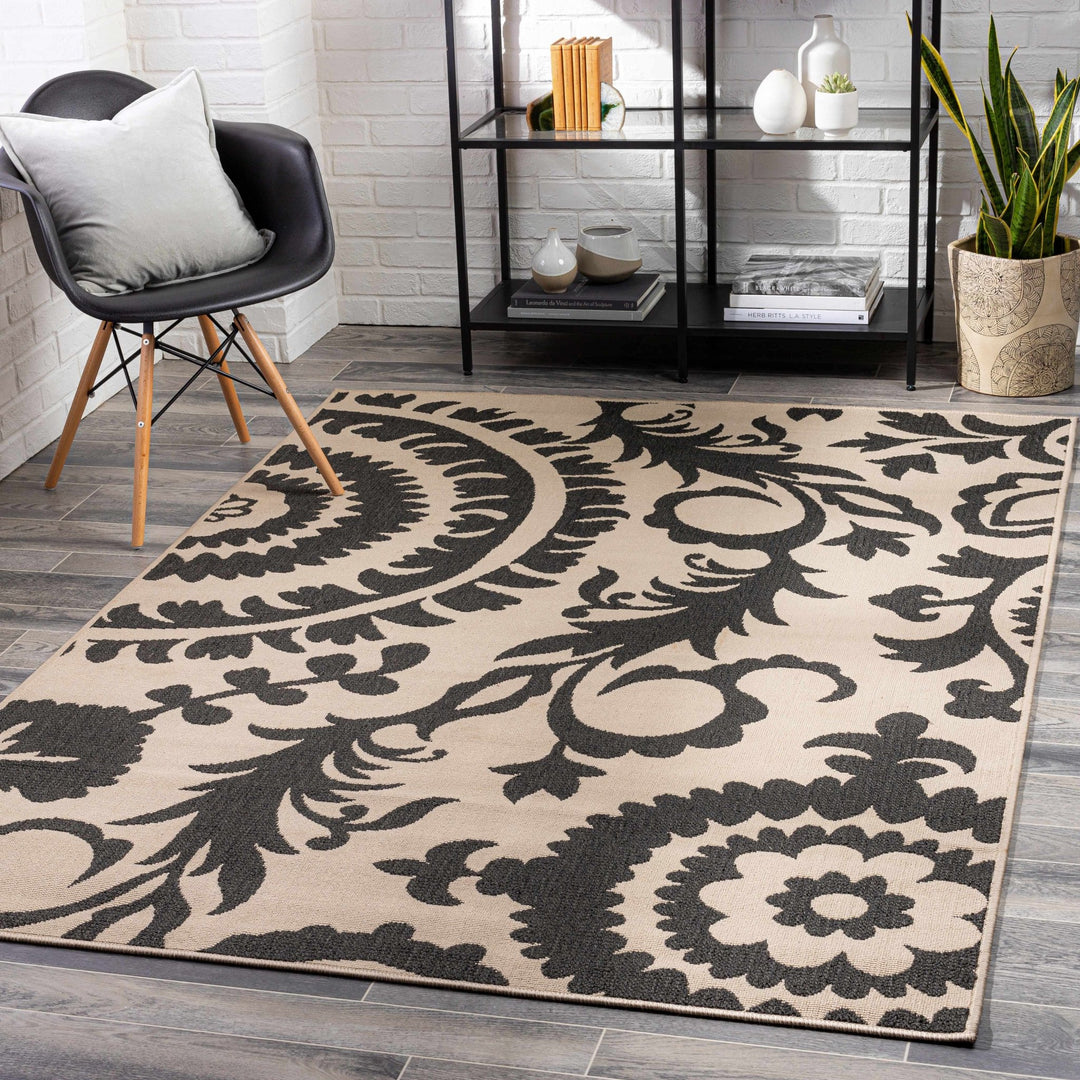 Large Floral Design Beige and Charcoal Outdoor safe Multi Size Area Rug - The Rug Decor