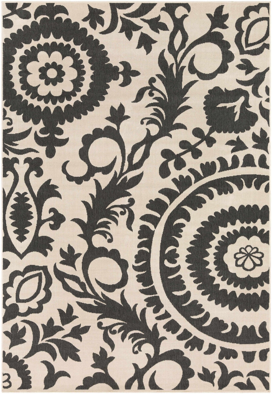 Large Floral Design Beige and Charcoal Outdoor safe Multi Size Area Rug - The Rug Decor