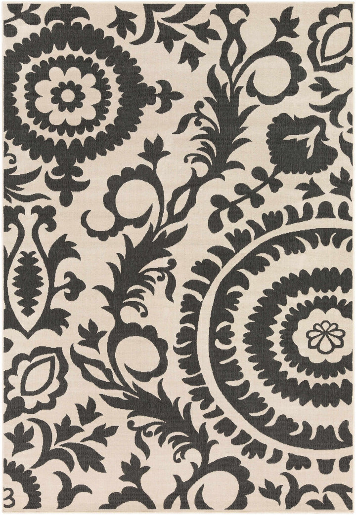 Large Floral Design Beige and Charcoal Outdoor safe Multi Size Area Rug - The Rug Decor