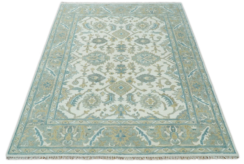 Large Hand Knotted 8x10 and 9x12 Oriental Oushak Silver and Ivory Wool Area Rug | TRDCP164 - The Rug Decor