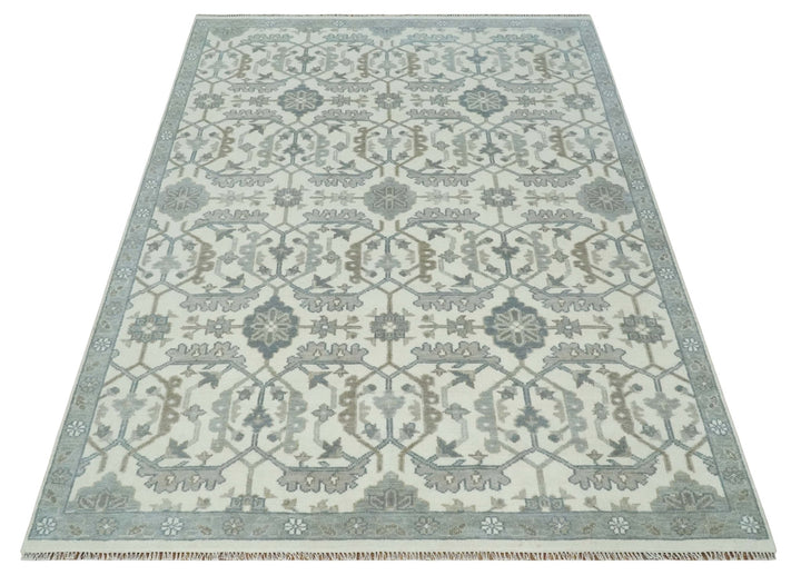 Large Hand Knotted Ivory and Silver 9x12 Oriental Oushak Traditional Wool Area Rug - The Rug Decor