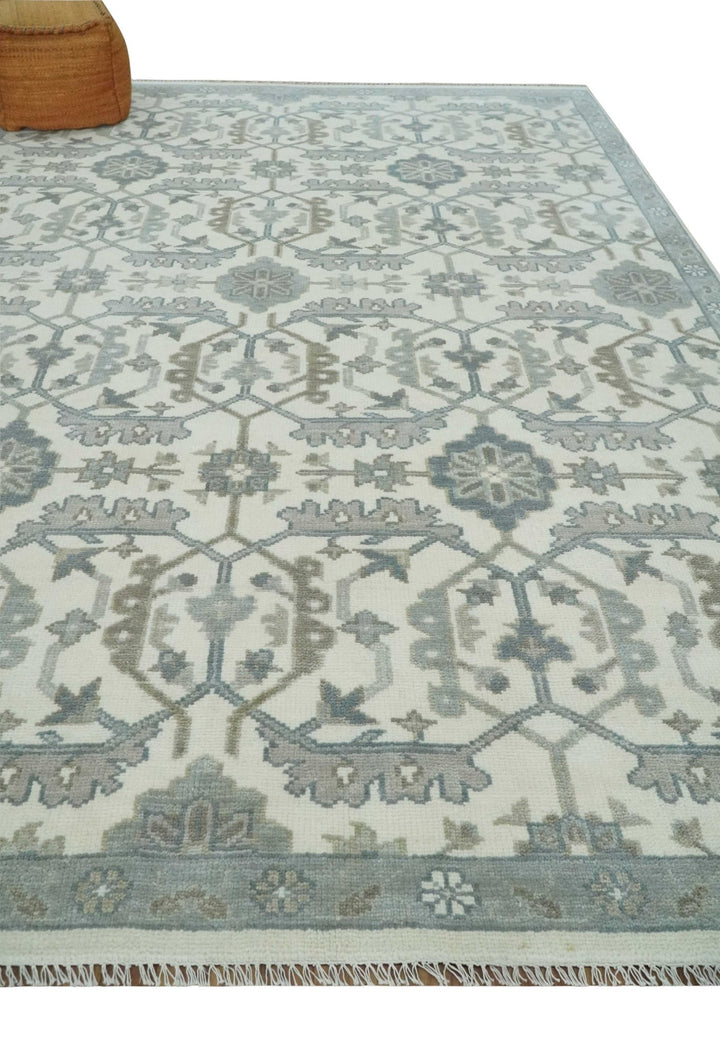 Large Hand Knotted Ivory and Silver 9x12 Oriental Oushak Traditional Wool Area Rug - The Rug Decor