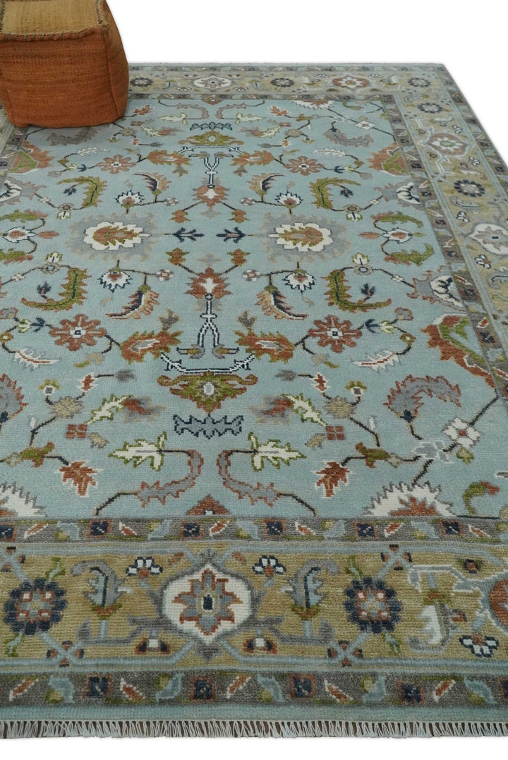 Light Blue and Camel 8x10 Hand Knotted Traditional Floral Oushak Rug - The Rug Decor