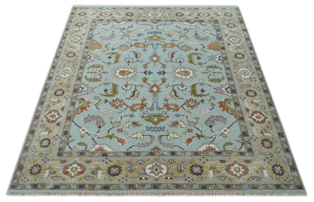 Light Blue and Camel 8x10 Hand Knotted Traditional Floral Oushak Rug - The Rug Decor