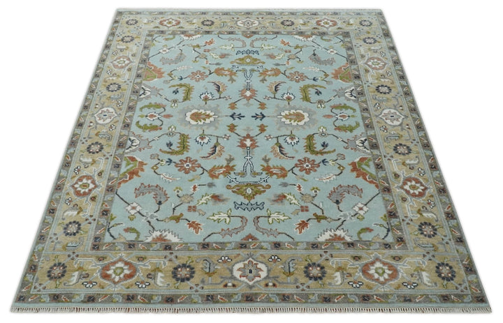 Light Blue and Camel 8x10 Hand Knotted Traditional Floral Oushak Rug - The Rug Decor