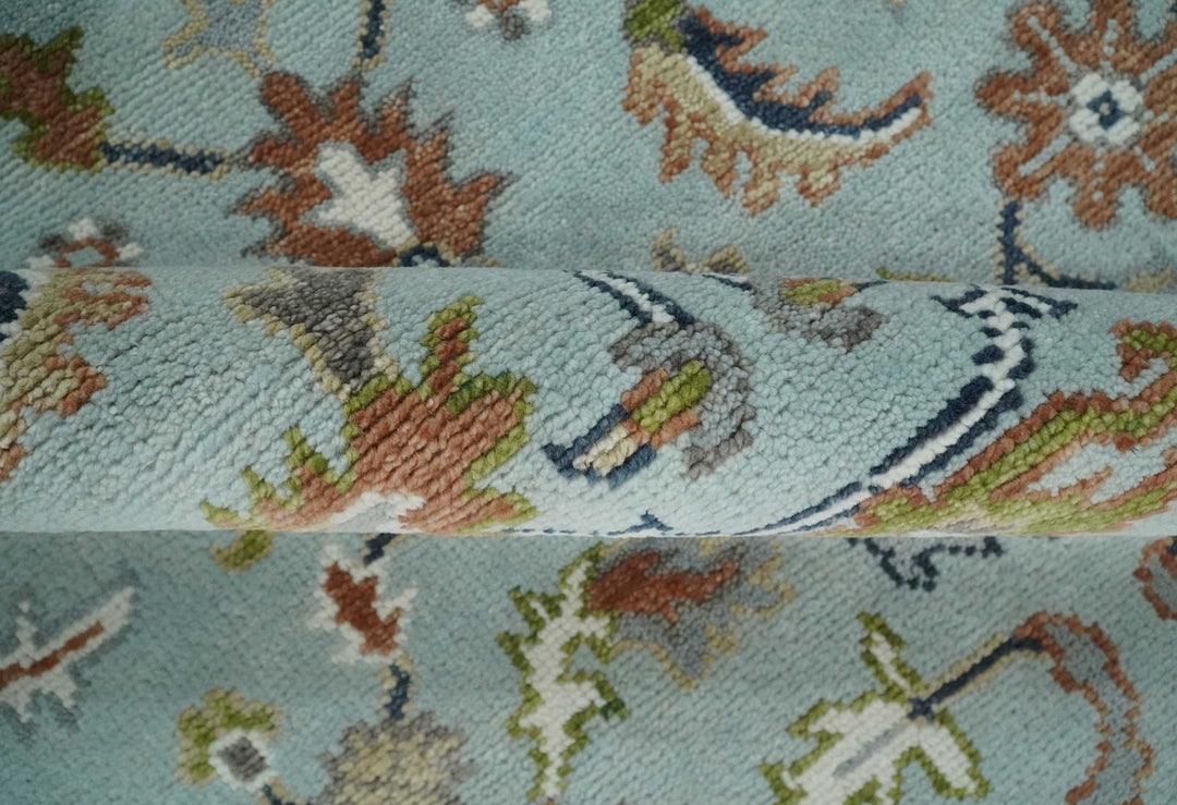 Light Blue and Camel 8x10 Hand Knotted Traditional Floral Oushak Rug - The Rug Decor