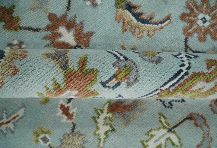 Light Blue and Camel 8x10 Hand Knotted Traditional Floral Oushak Rug - The Rug Decor