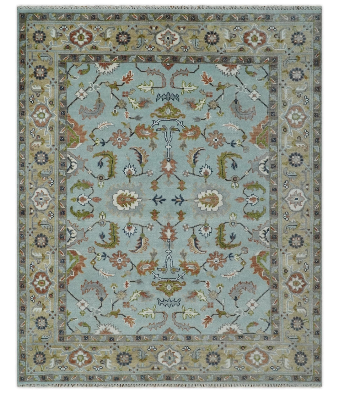 Light Blue and Camel 8x10 Hand Knotted Traditional Floral Oushak Rug - The Rug Decor