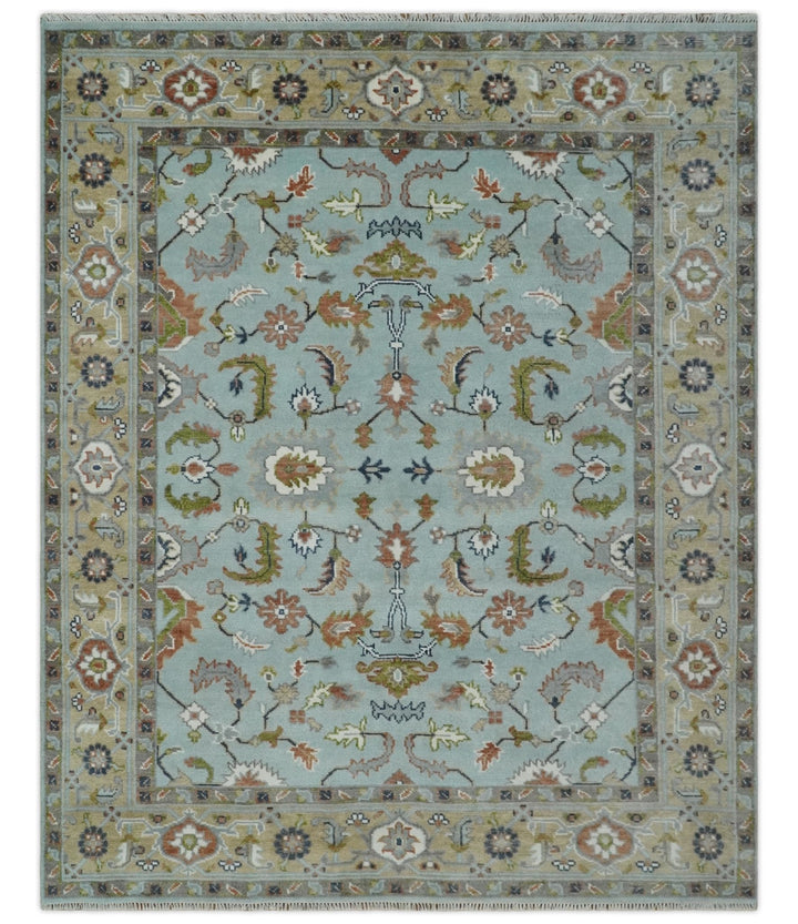 Light Blue and Camel 8x10 Hand Knotted Traditional Floral Oushak Rug - The Rug Decor