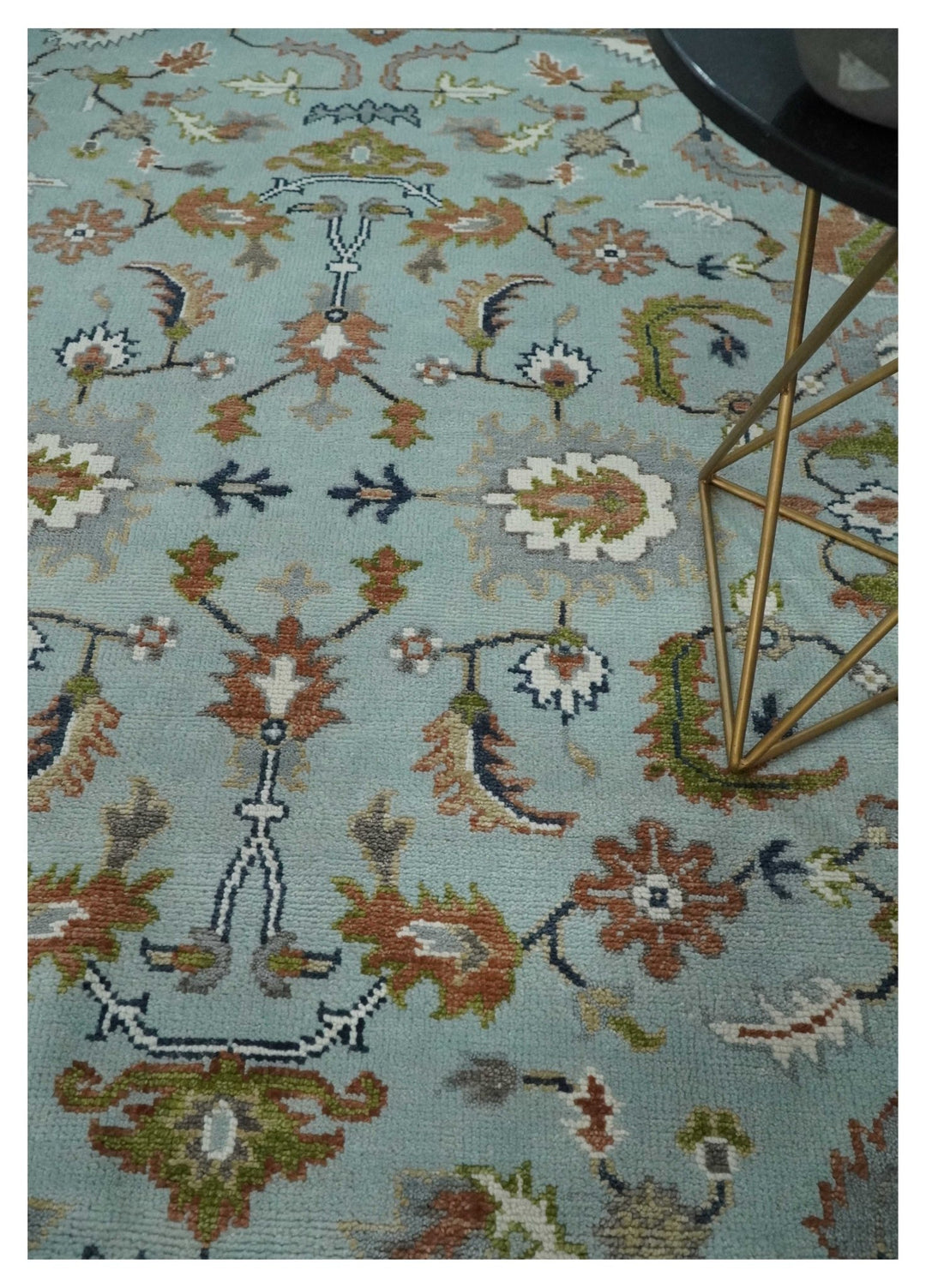Light Blue and Camel 8x10 Hand Knotted Traditional Floral Oushak Rug - The Rug Decor