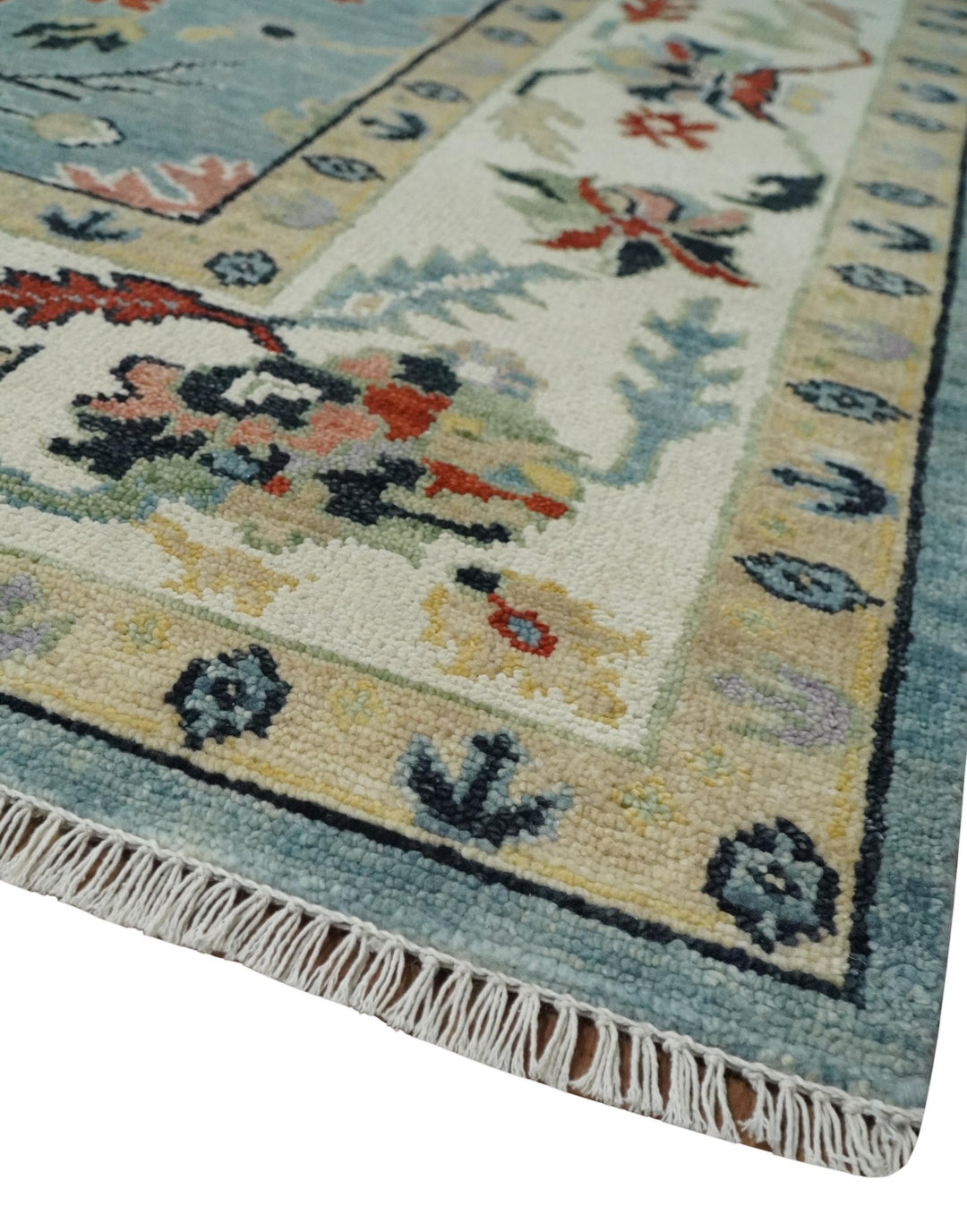 Light Blue and Ivory hand knotted 8.10x11.8 Vibrant colorful Traditional Oushak Wool Area Rug - The Rug Decor