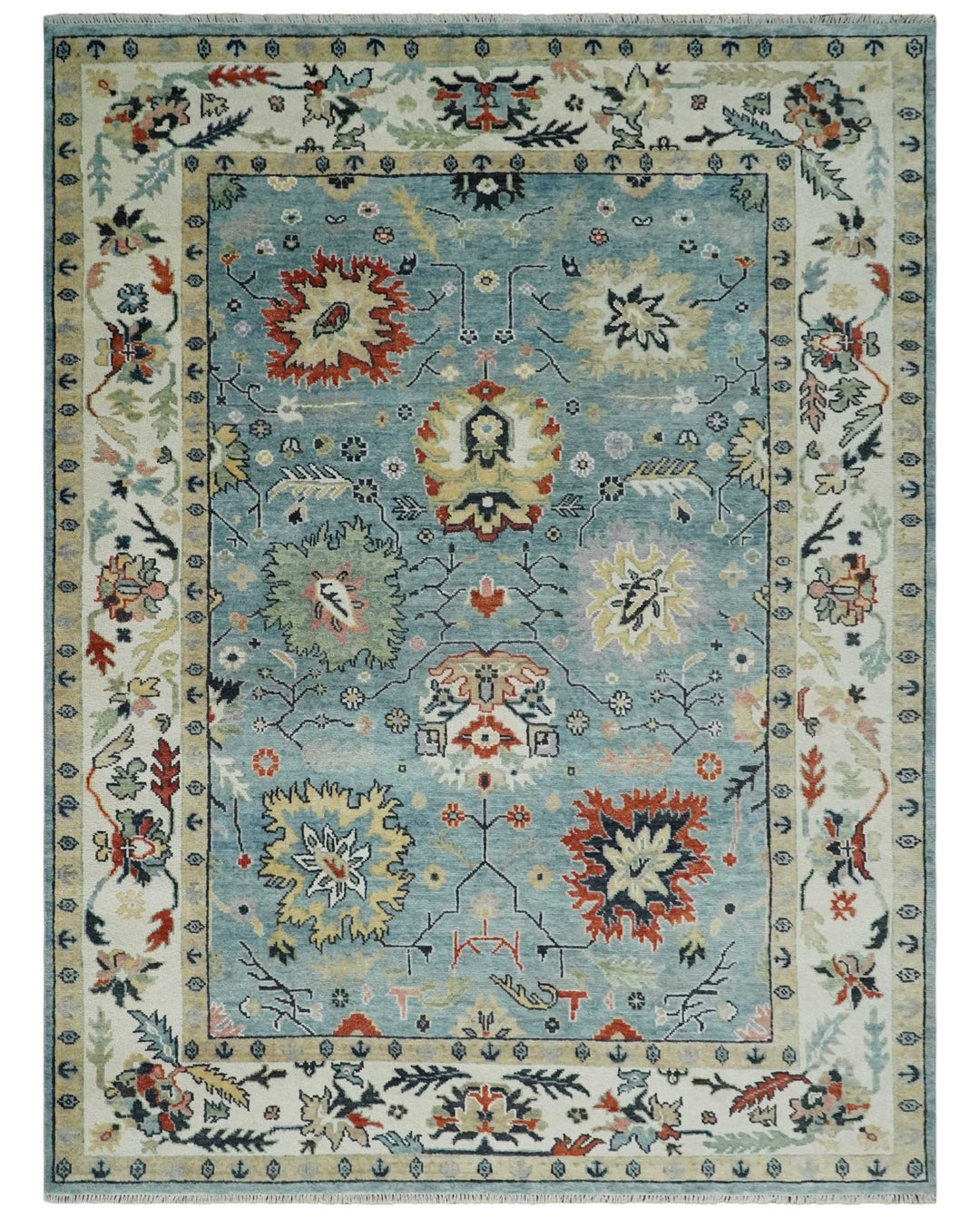 Light Blue and Ivory hand knotted 8.10x11.8 Vibrant colorful Traditional Oushak Wool Area Rug - The Rug Decor