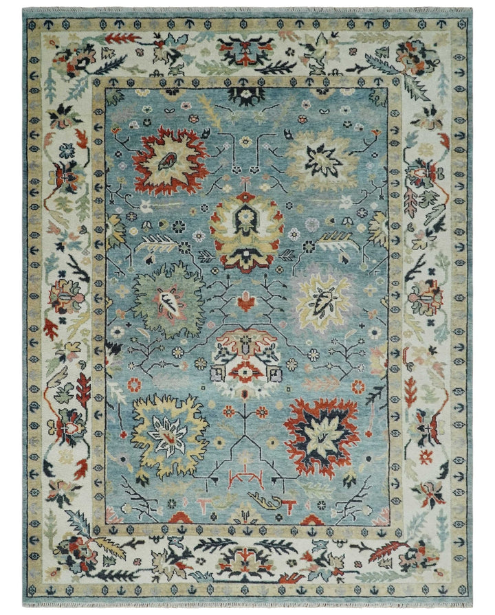 Light Blue and Ivory hand knotted 8.10x11.8 Vibrant colorful Traditional Oushak Wool Area Rug - The Rug Decor