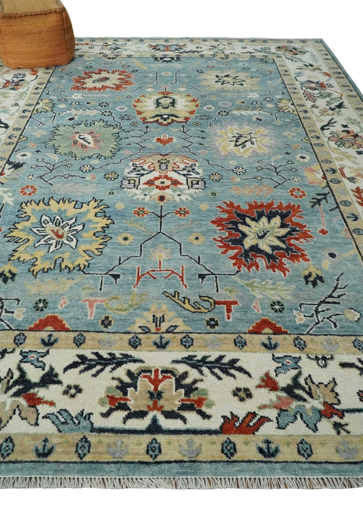 Light Blue and Ivory hand knotted 8.10x11.8 Vibrant colorful Traditional Oushak Wool Area Rug - The Rug Decor