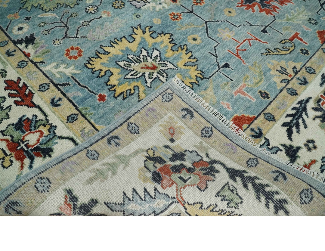 Light Blue and Ivory hand knotted 8.10x11.8 Vibrant colorful Traditional Oushak Wool Area Rug - The Rug Decor