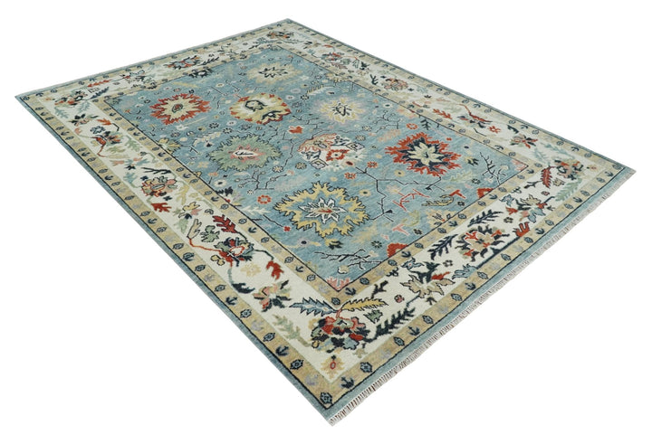 Light Blue and Ivory hand knotted 8.10x11.8 Vibrant colorful Traditional Oushak Wool Area Rug - The Rug Decor