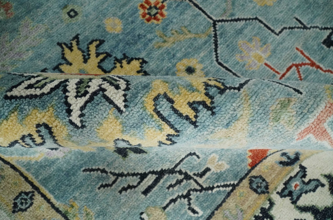 Light Blue and Ivory hand knotted 8.10x11.8 Vibrant colorful Traditional Oushak Wool Area Rug - The Rug Decor