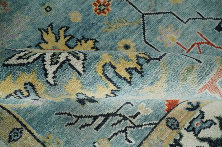 Light Blue and Ivory hand knotted 8.10x11.8 Vibrant colorful Traditional Oushak Wool Area Rug - The Rug Decor