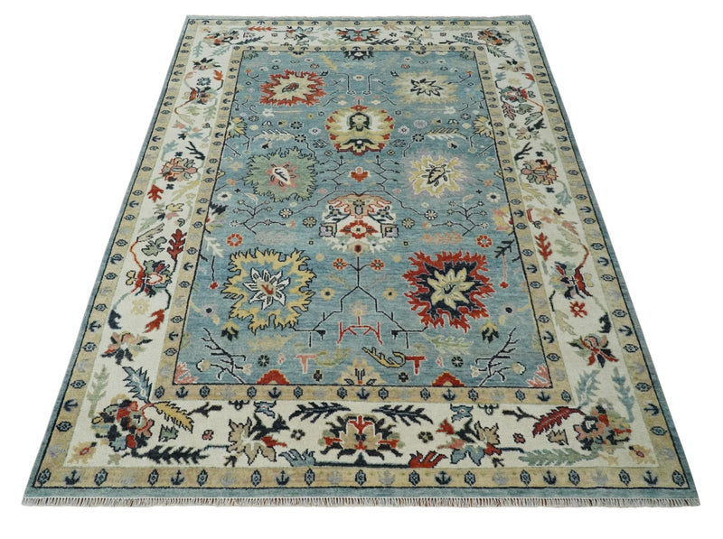 Light Blue and Ivory hand knotted Vibrant colorful Traditional Oushak Wool Area Rug - The Rug Decor