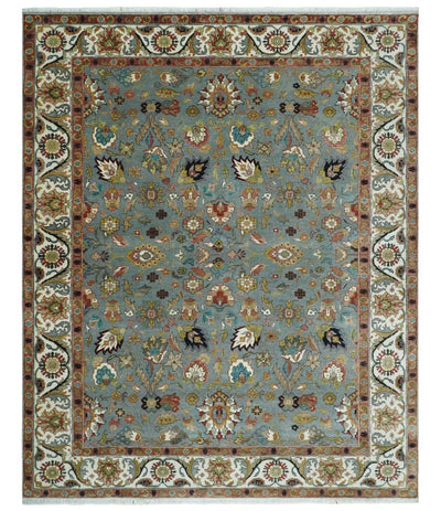 Light Blue, Ivory and Peach Turkish Design Traditional Floral 8x10 and 9x12 Hand Knotted Wool Area Rug - The Rug Decor