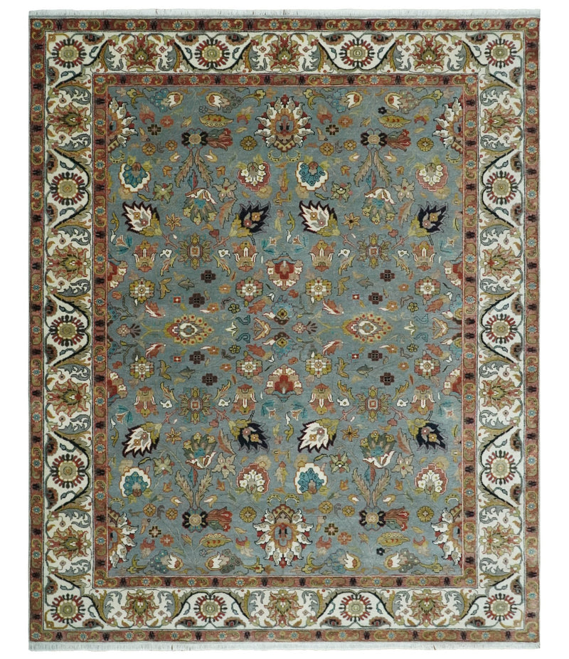 Light Blue, Ivory and Peach Turkish Design Traditional Floral 8x10 and 9x12 Hand Knotted Wool Area Rug - The Rug Decor