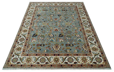 Light Blue, Ivory and Peach Turkish Design Traditional Floral 9x12 Hand Knotted Wool Area Rug - The Rug Decor