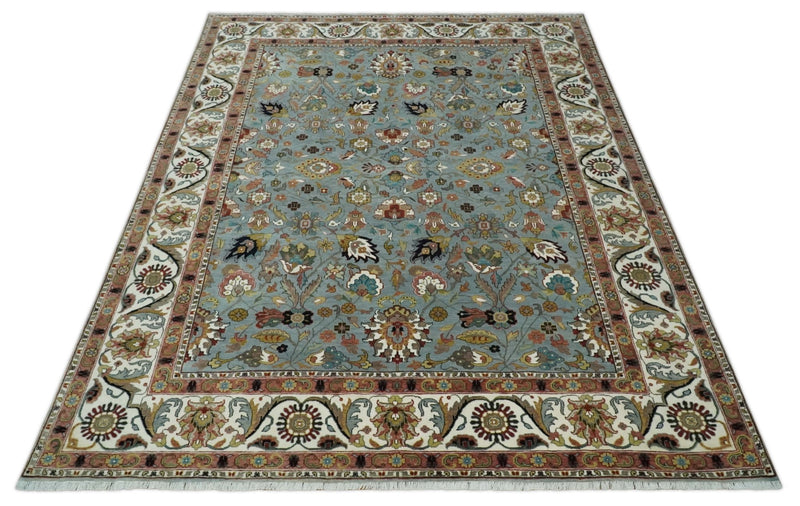 Light Blue, Ivory and Peach Turkish Design Traditional Floral 9x12 Hand Knotted Wool Area Rug - The Rug Decor