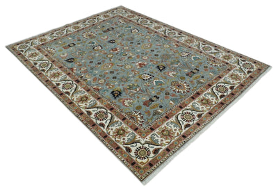 Light Blue, Ivory and Peach Turkish Design Traditional Floral 9x12 Hand Knotted Wool Area Rug - The Rug Decor