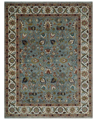 Light Blue, Ivory and Peach Turkish Design Traditional Floral 9x12 Hand Knotted Wool Area Rug - The Rug Decor