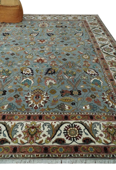 Light Blue, Ivory and Peach Turkish Design Traditional Floral 9x12 Hand Knotted Wool Area Rug - The Rug Decor