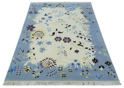 Light Blue, Ivory, Charcoal and Brown Hand Knotted Traditional Floral 6.6x10 Wool Area Rug - The Rug Decor