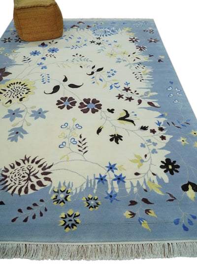 Light Blue, Ivory, Charcoal and Brown Hand Knotted Traditional Floral 6.6x10 Wool Area Rug - The Rug Decor