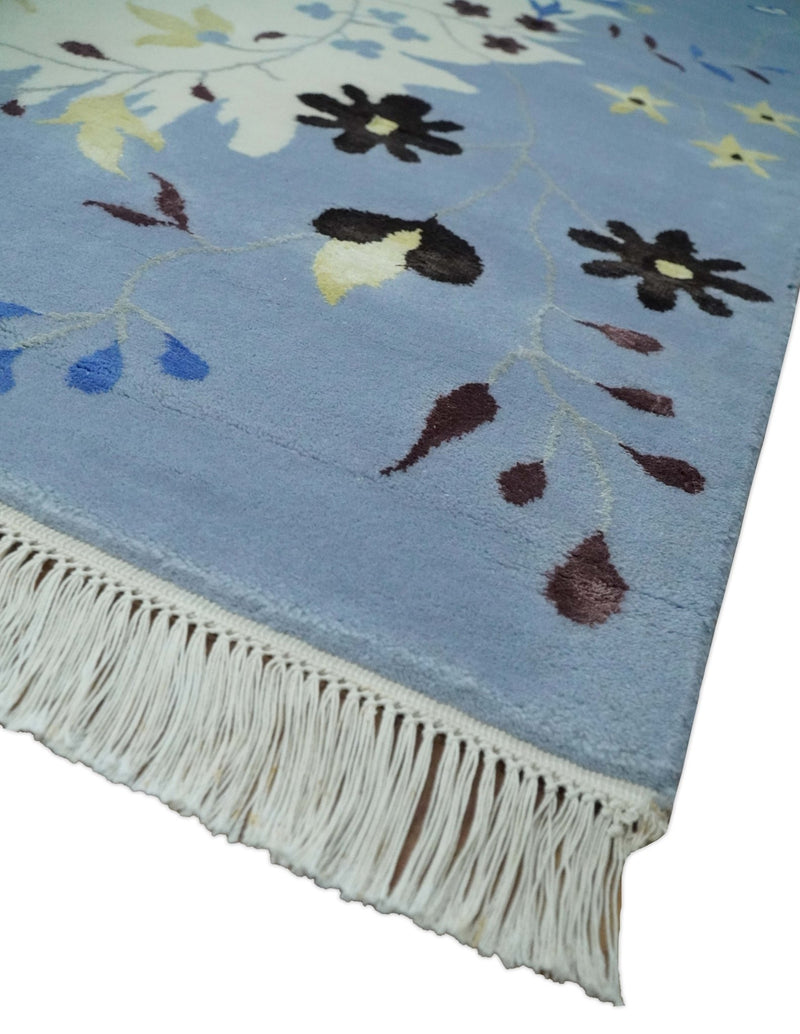 Light Blue, Ivory, Charcoal and Brown Hand Knotted Traditional Floral 6.6x10 Wool Area Rug - The Rug Decor