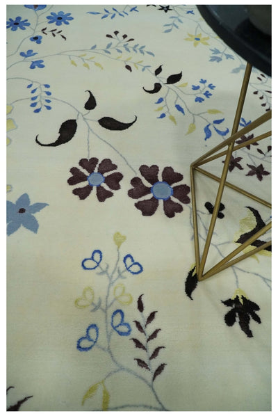 Light Blue, Ivory, Charcoal and Brown Hand Knotted Traditional Floral 6.6x10 Wool Area Rug - The Rug Decor