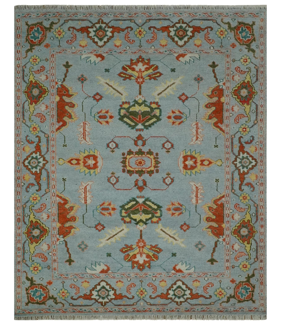 Light Blue, Rust and Green Hand Knotted Oriental Oushak 8x10 wool area Rug - The Rug Decor