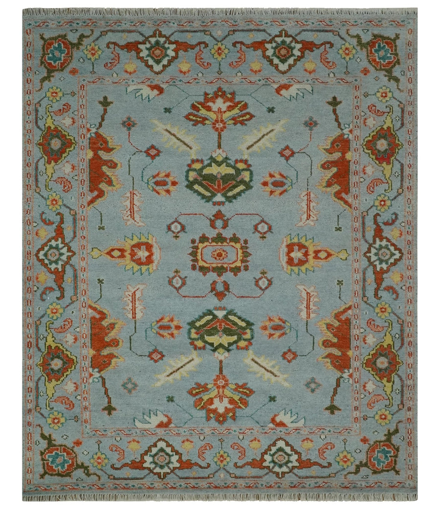 Light Blue, Rust and Green Hand Knotted Oriental Oushak 8x10 wool area Rug - The Rug Decor