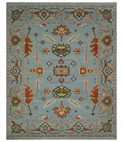 Light Blue, Rust and Green Hand Knotted Oriental Oushak 8x10 wool area Rug - The Rug Decor