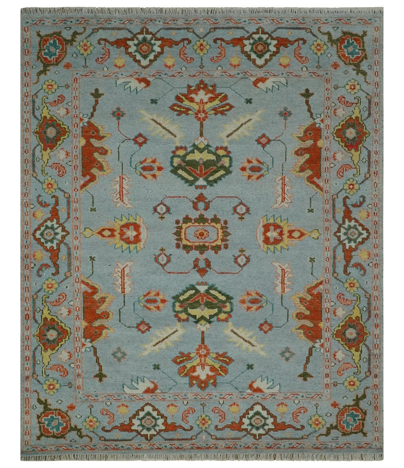 Light Blue, Rust and Green Hand Knotted Oriental Oushak 8x10 wool area Rug - The Rug Decor