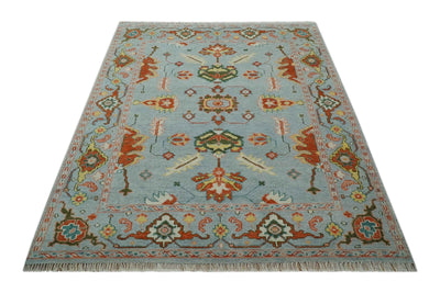 Light Blue, Rust and Green Hand Knotted Oriental Oushak 8x10 wool area Rug - The Rug Decor