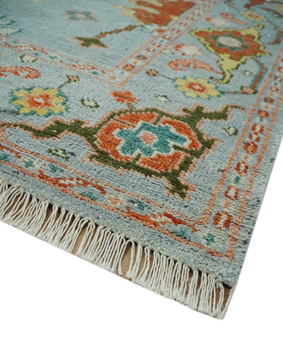 Light Blue, Rust and Green Hand Knotted Oriental Oushak 8x10 wool area Rug - The Rug Decor