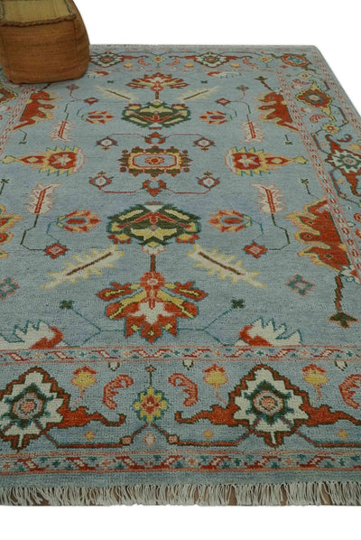 Light Blue, Rust and Green Hand Knotted Oriental Oushak 8x10 wool area Rug - The Rug Decor