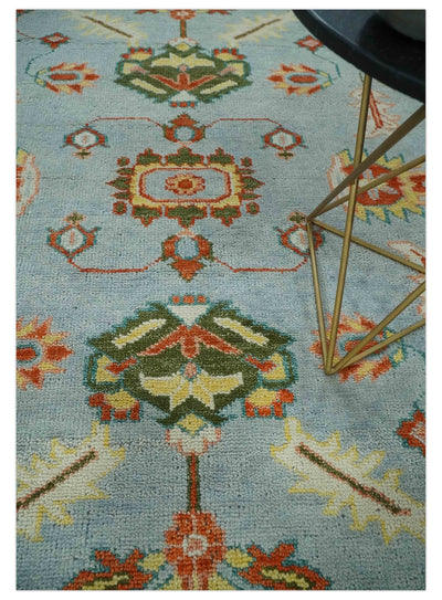 Light Blue, Rust and Green Hand Knotted Oriental Oushak 8x10 wool area Rug - The Rug Decor