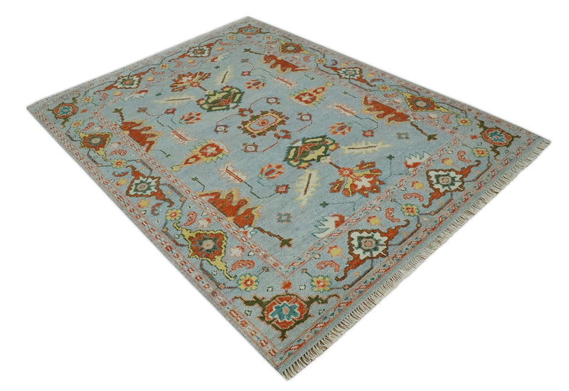 Light Blue, Rust and Green Hand Knotted Oriental Oushak 8x10 wool area Rug - The Rug Decor