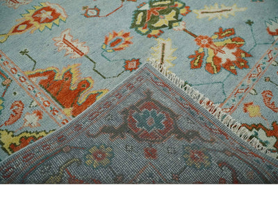 Light Blue, Rust and Green Hand Knotted Oriental Oushak 8x10 wool area Rug - The Rug Decor