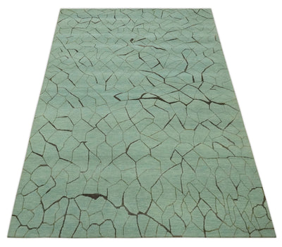 Light Green and Charcoal Hand loom Modern Crack Design 5x8 Wool and Art Silk Area Rug - The Rug Decor