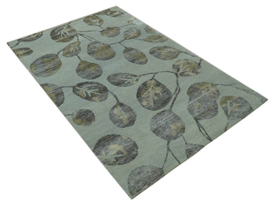 Light Green, Charcoal and Olive Leaf Design 6x9 Hand loom Wool and Viscose Area Rug - The Rug Decor