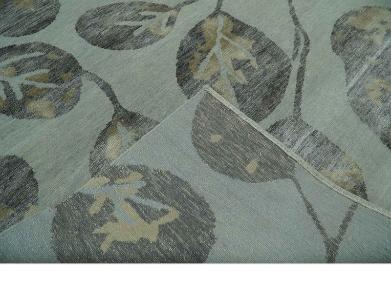 Light Green, Charcoal and Olive Leaf Design 6x9 Hand loom Wool and Viscose Area Rug - The Rug Decor