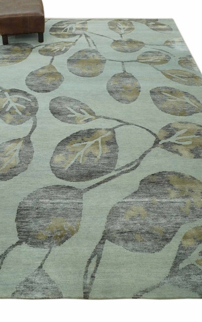 Light Green, Charcoal and Olive Leaf Design 6x9 Hand loom Wool and Viscose Area Rug - The Rug Decor