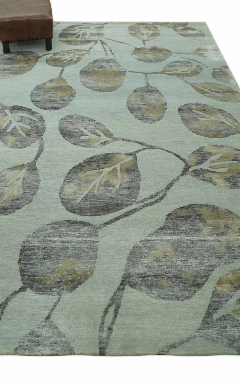 Light Green, Charcoal and Olive Leaf Design 6x9 Hand loom Wool and Viscose Area Rug - The Rug Decor